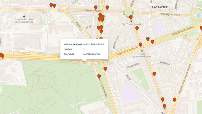 Figure 5. Displaying the Location and Information about Stops on the Map – an Example